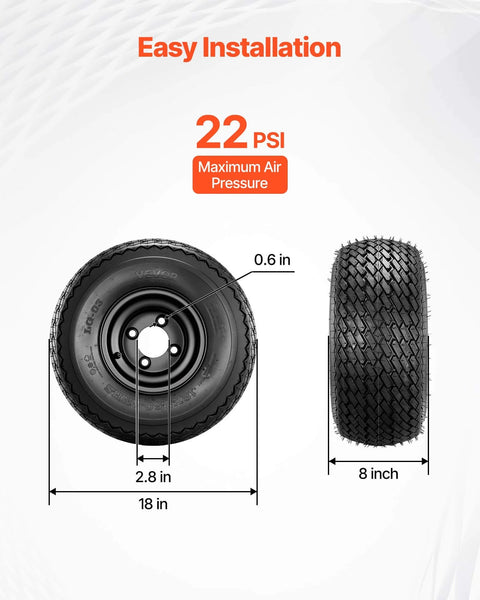 8 Inch Golf Cart Wheels and Tires Combo Set of 4 with 18x8.50-8 All Terrain Rubber Tires, Black Steel Rims, Easy Installation Guide