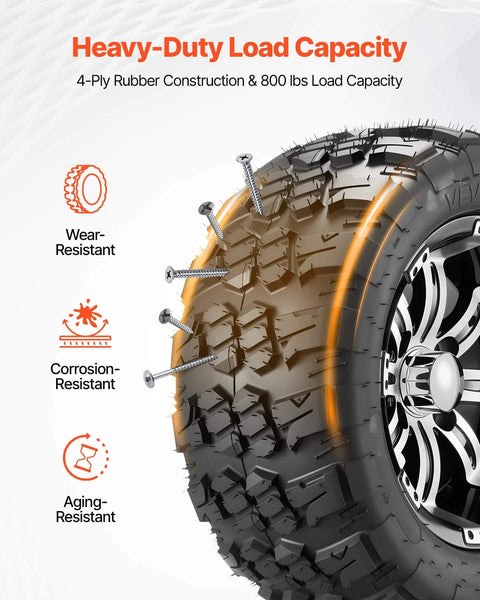 Close-up of 12 Inch Golf Cart Wheels and Tires Combo Set of 4 with 20x10-12 All Terrain Rubber Tires showing heavy-duty tread and nails.
