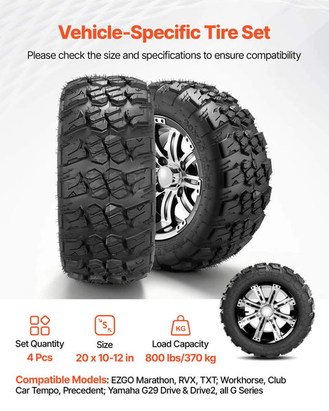 12 Inch Golf Cart Wheels and Tires Combo Set of 4 with 20x10-12 All Terrain Rubber Tires, Black Aluminum Alloy Rims