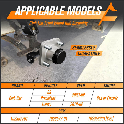 Front Wheel Hub Assembly With Dust Cover For Club Car DS And Precedent Golf Carts 2003 And Up Tempo 2018 And Up Gas Or Electric Models Two Pack OEM 102357701 shown installed
