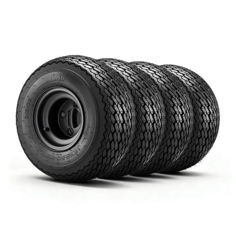 8 Inch Golf Cart Wheels and Tires Combo Set of 4 with 18x8.50-8 All Terrain Rubber Tires, Black Steel Rims, displayed in a row