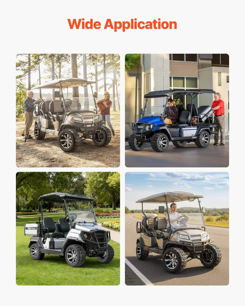 Golf carts fitted with 12 Inch Golf Cart Wheels and Tires Combo Set of 4 with 20x10-12 All Terrain Rubber Tires in various settings