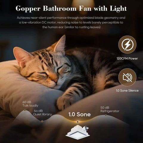 Cat sleeping on pillow with Gopper Ultra Quiet 12 Inch Bathroom Exhaust Fan With 6500K LED Light, 120 CFM, 1.0 Sone graphics