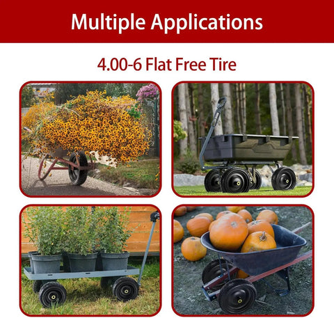 Four carts displaying 13 Inch Flat Free Solid Tire And Wheel For Gorilla Cart Wagon And Wheelbarrow 4.00-6 Size with 5/8 Inch Bearings.
