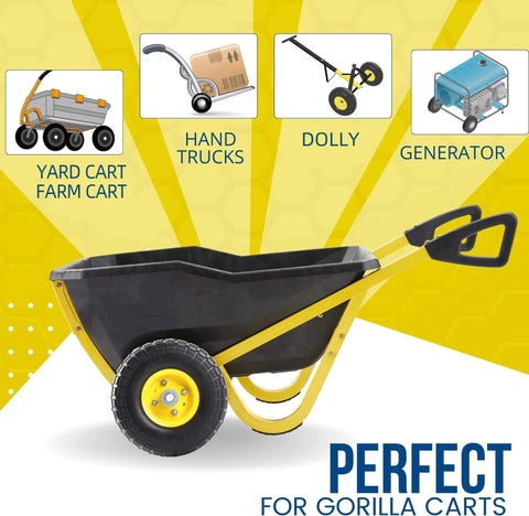 Gorilla cart with 10-inch solid tire wheels showing compatibility with yard carts, hand trucks, dollies, and generators.