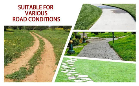 Trail and pathway collage illustrating usability of 13 Inch Flat Free Solid Tire And Wheel For Gorilla Cart Wagon and Wheelbarrow