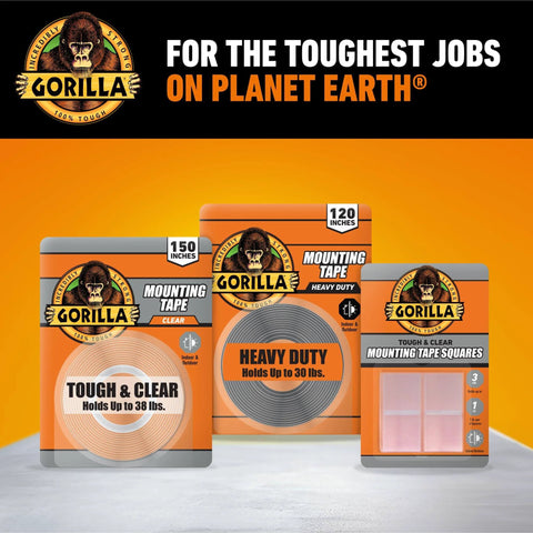 Three packs of Gorilla mounting tape in orange packaging for heavy duty and outdoor use.