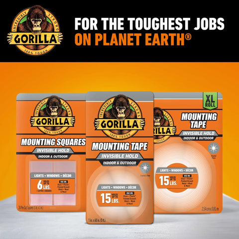 Three Gorilla mounting products for indoor and outdoor use, including mounting squares and tapes with labels showing 6 lbs and 15 lbs capacity.
