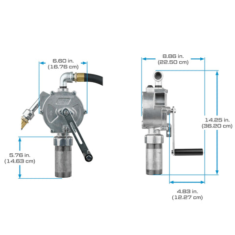 GPI - RP-10-UL Rotary Action Fluid Transfer Hand Pump dimensions, 10 Gallons per 100 Revolutions, showing aluminum body and components.