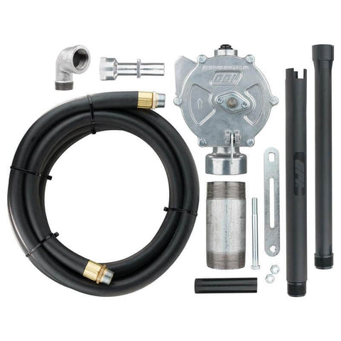 GPI - RP-10-UL Rotary Action Fluid Transfer Hand Pump, 10 Gallons per 100 Revolutions with components and hose.