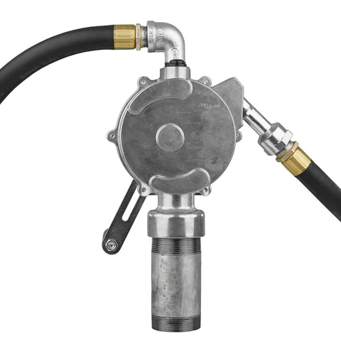 Front view of GPI - RP-10-UL Rotary Action Fluid Transfer Hand Pump, 10 Gallons per 100 Revolutions (123000-06) with hose attachment.