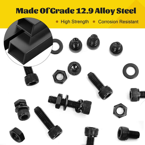 750PCS M3 Screws Assortment Kit, M3x6/8/10/12/16/20/25/30 mm Hex Socket Head Bolts, Nuts & Washers, 12.9 Alloy Steel, Black Zinc Plated