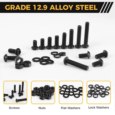 Grade 12.9 alloy steel screws, nuts, and washers from the Homwin 512Pcs M6 Bolts and Nuts Kit, black galvanized assortment
