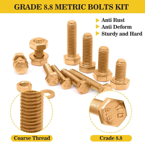 1380pcs Nuts and Bolts Assortment Kit - Heavy Duty Grade 8.8 Metric M4 M5 M6 M8 Bolt Set, Yellow Zinc, Coarse Thread Close-Up