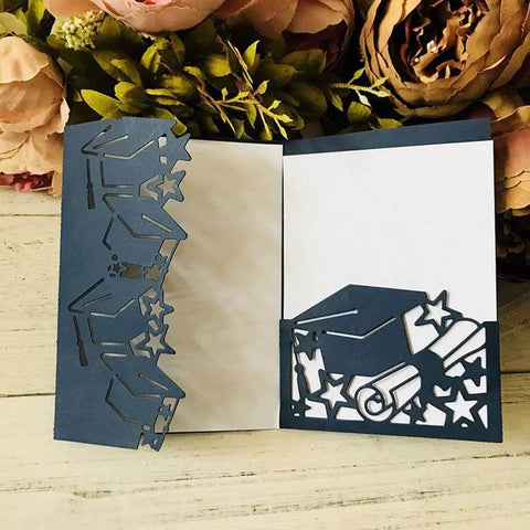 Open scrapbook display of Versatile Die Cuts Kit For Scrapbooking And Card Making With Graduation Invitation Shapes Carbon Steel Metal Dies For Paper Crafting And DIY Embossing Durable Die Templates 5.91x2.99in By Tirrito KANXINER