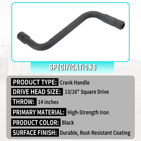 Universal Grain Trailer Crank Handle 13/16 Inch Square Drive 14 Inch Throw in black iron with rust-resistant finish