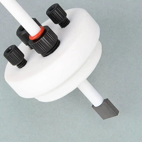 Ultra Pure Graphite Sheet Electrode 10x10x3 Millimeter with Copper Core and PTFE Coating, leak-proof rubber seal, for electrochemistry.