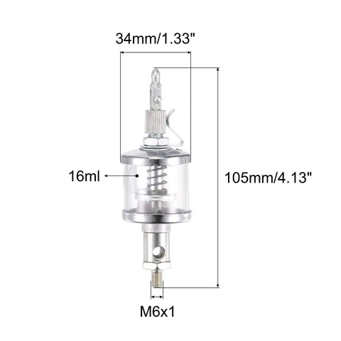 Oil Cup For Gravity Drip Feed Lubrication With M6x1 Thread, 16mL Capacity, Chrome Plated Steel, Clear Sight Window, 34mm Diameter, 105mm Tall