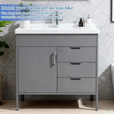 Bathroom vanity with gray cabinet doors and drawers featuring Five Piece Edge Finger Pulls For Cabinets Aluminum Alloy Concealed Handles.