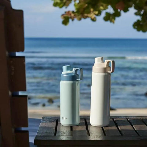 Insulated Stainless Steel Water Bottle With Spout Lid And Easy Grip Handle for sports, gray color, suitable for car cup holders, 20 oz, beach setting
