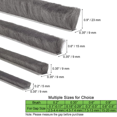 YOCCEK self-adhesive gray weather-stripping brushes, four sizes (0.2 in, 0.35 in, 0.6 in, 0.9 in) for doors and windows.
