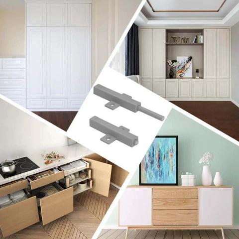 Push To Open Cabinet Hardware Magnetic Push Door Latches Heavy Duty Drawer Opener 2 Pack shown with kitchen and cabinet setups