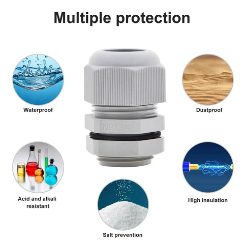 Waterproof NPT Cable Glands Three Quarter Inch Gray Nylon Adjustable Cable Gland with Strain Relief and Protection Features