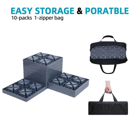 Heavy Duty RV Leveling Blocks For Campers And Trailers With Interlocking Design, 10 Pack Includes Carrying Bag, Adjustable Height Gray