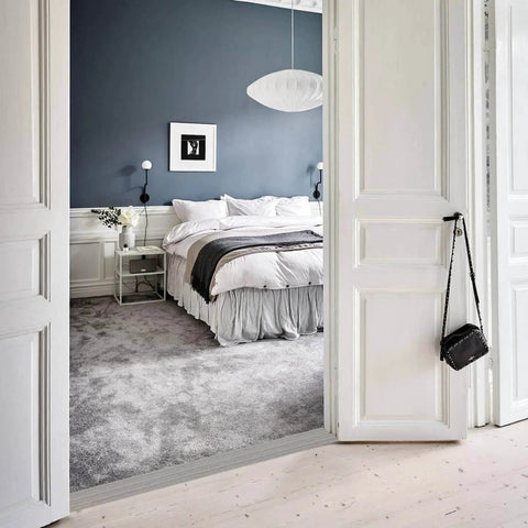 Floor Transition Strip for Doorways, 2'' x10Ft Self-Adhesive Laminate Floor Strip, Gray Wood Grain in bedroom doorway