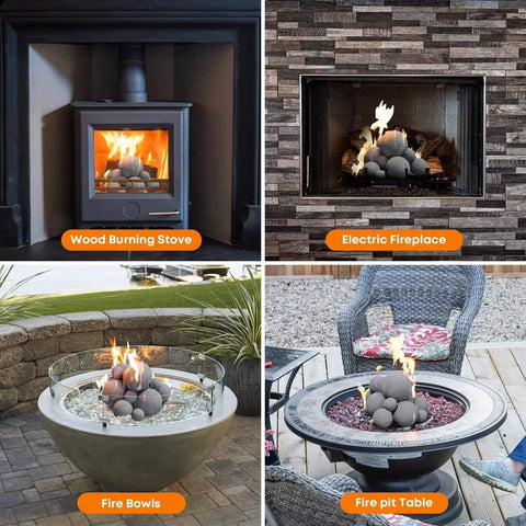 12 Pack Gray Ceramic Balls, Mixed 4 Sizes Fireplace Balls displayed in wood stove, electric fireplace, fire bowl, and fire pit table settings