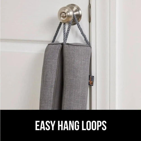 Door Draft Stopper For Bottom Of Doors Fits Gaps Up To 3 Inches, easy hang loops shown, gray fabric, hung on door knob