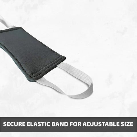 Close-up of a gray neoprene door latch cover with elastic strap, product: 2 Pack Silent Door Latch Covers For Quiet Close Doors, Baby Safe Neoprene Noise Reducer For Nursery, Stops Latch Click, Prevents Toddlers From Slamming, Fits Most Interior Doors, Gray.