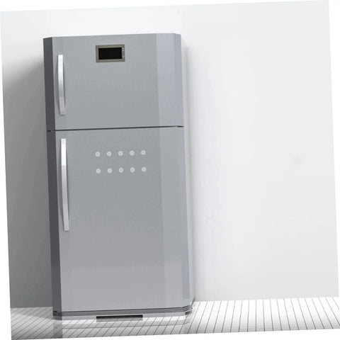 Modern double-door refrigerator in a sleek silver design, photographed in a kitchen setting on a tiled floor.