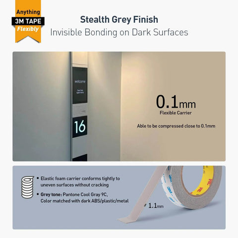 Heavy Duty Double Sided Gray Foam Tape Half Inch By Eighteen Feet Great For Mounting Banners Posters Alarms Windows Shades Trims And Other Home Office Or Industrial Projects shown with a stealth grey finish for dark surfaces, 0.1mm flexible carrier, and 1.1mm thickness.