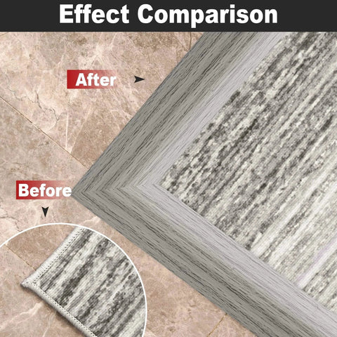 Before and after installation of 10Ft Carpet Floor Transition Strip, Self Adhesive Floor Edging Trim Strip, PVC Threshold Cover for Doorway, Gray Forest