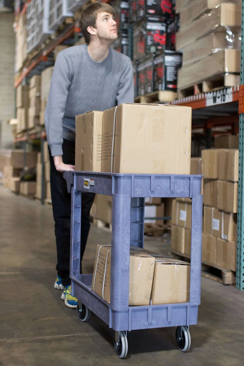 Person pushing Heavy Duty Service Cart That Hauls Like A Workhorse, 500 Pound Capacity, Dual 30 By 16 Inch Shelves, Rust Resistant