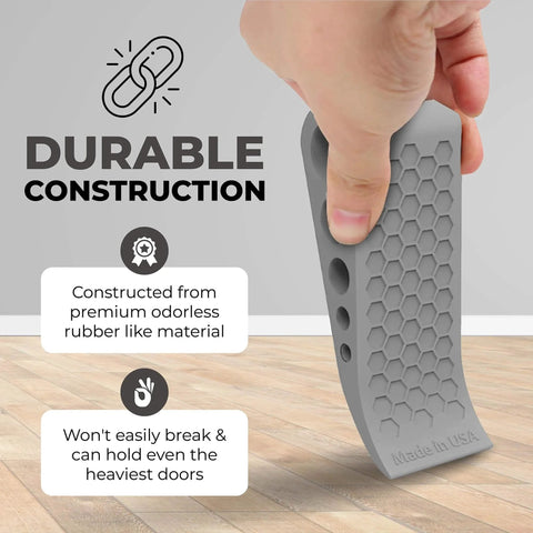 Hand holding gray door stopper with honeycomb design, "Made in USA" text visible. Door Stoppers for Bottom of Door Premium Floor Rubber Door Stop Wedge.