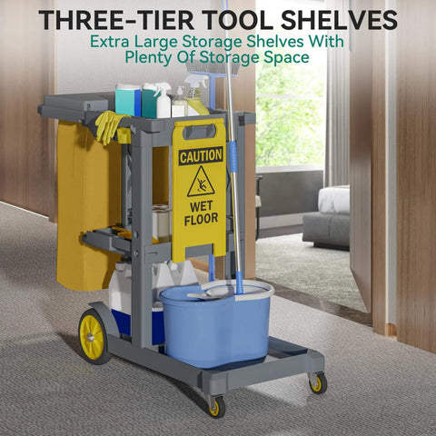 Heavy Duty Janitorial Cart On Wheels With Locking Lid And 3 Shelf Design For Pro Grade Commercial Cleaning Including Two 25 Gallon Vinyl Bags And Mop And Broom Holders Durable Gray Plastic Custodial Cart By YITAHOME