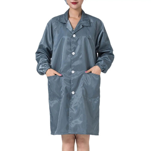 Person wearing Gray Lab Coats With Hat 12 Pack Dustproof Workwear Gear For Laboratory Food Processing Cleanroom And Industrial Use