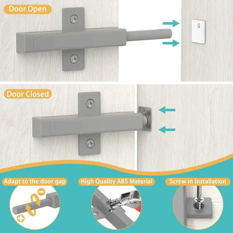 Push To Open Cabinet Hardware Magnetic Push Door Latches Heavy Duty Drawer Opener installed on wooden cabinet, door open and closed positions shown