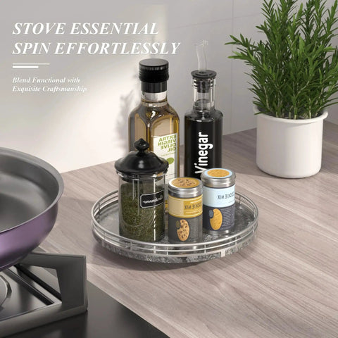 Gray Marble Lazy Susan Turntable 10 Inch Round Stone Tray For Dining Table Kitchen Countertop And Bar With Silver Frame