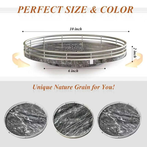 Gray Marble Lazy Susan Turntable 10 Inch Round Stone Tray For Dining Table Kitchen Countertop And Bar With Silver Frame