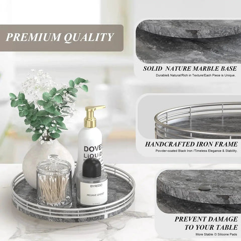 Gray Marble Lazy Susan Turntable 10 Inch Round Stone Tray For Dining Table Kitchen Countertop And Bar With Silver Frame