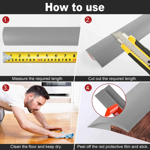 How to use guide for the 10Ft Carpet Floor Transition Strip, Self Adhesive Edging Trim, PVC Threshold Cover - measuring and cutting instructions