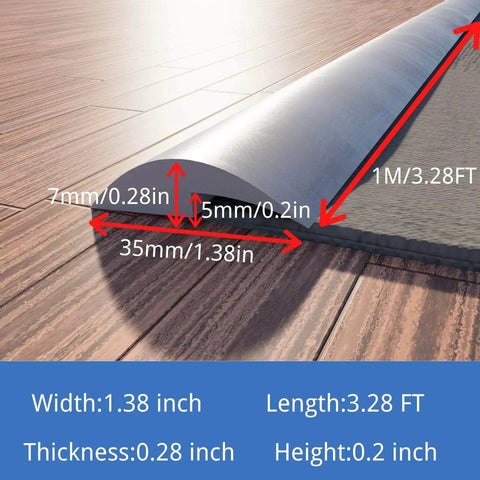 3.28FT PVC Floor Transition Strip dimensions diagram with measurements, peel and stick molding trim for threshold transitions, gray