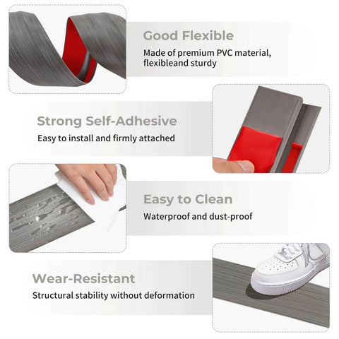 Floor Transition Strip Door Threshold 36 inch, 1/2'' ~ 3/5'' Threshold Ramps for Doorways, vinyl strip, wood grain gray features