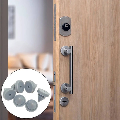50 Pcs Rubber Door Silencers For Metal Door Frames Half Inch Diameter Anti Collision Silencers Prevent Door Slams Quiet Hinge Outlet Wear Resistant Non Slip Gray installed on wooden door with insert showing multiple silencers.