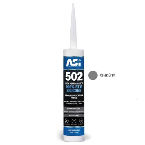ASI 502 gray silicone sealant tube, 8 oz size, with applicator nozzle for durable sealing, high-performance 100% RTV silicone