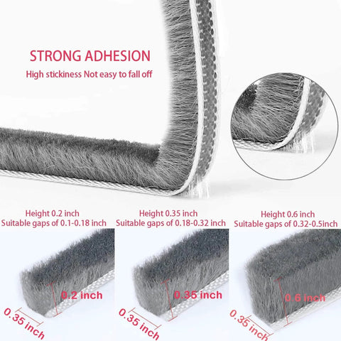 Close-up of 33 Ft Gray Self-Adhesive Soundproofing Weather Stripping for Doors and Windows, showing 0.35" wide x 0.2" thick dimensions.