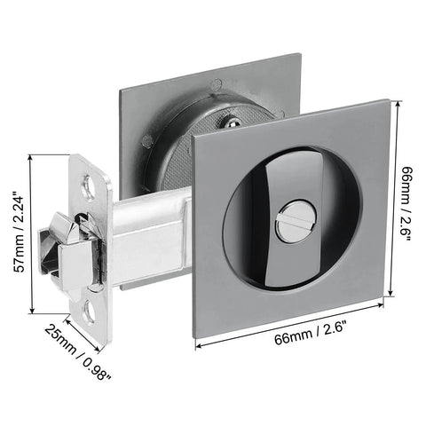 Recessed Door Lock With Square Pocket, Invisible Two Sided Hardware Privacy Sliding Door Latch For Bathroom Bedroom Barn Doors, Durable Metal Construction With Gray Finish, showing dimensions.